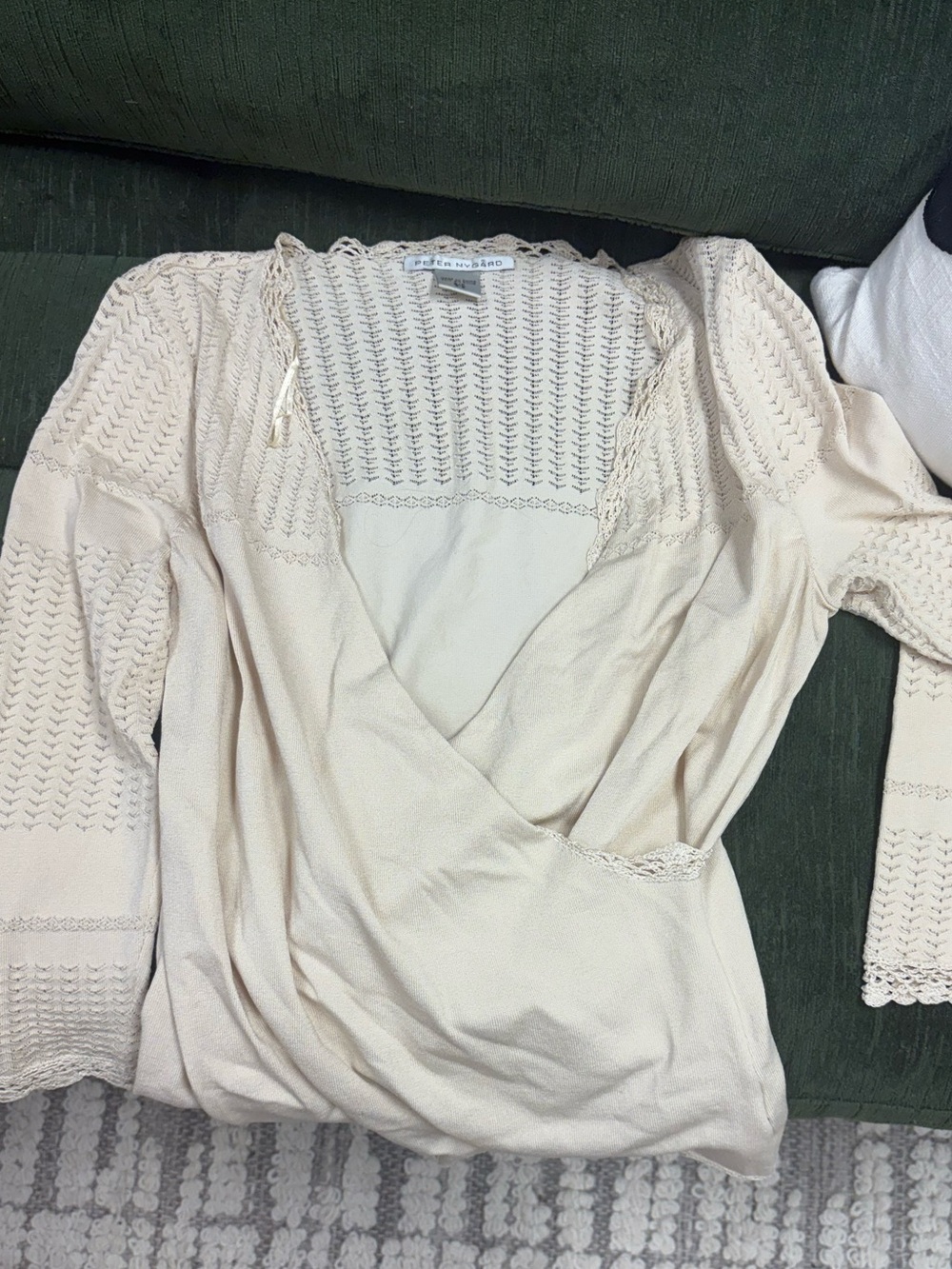 Peter Nygard Cream Crochet-Trim Wrap Blouse Silk